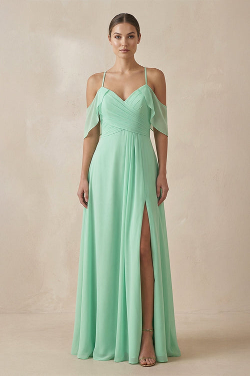 Chiffon A-Line Long Bridesmaid Dress in Pale Pistachio - KISS BRIDAL BRIDESMAID DRESSES