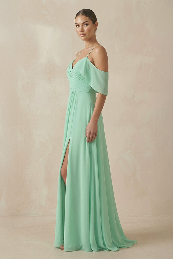 Chiffon A-Line Long Bridesmaid Dress in Pale Pistachio - KISS BRIDAL BRIDESMAID DRESSES