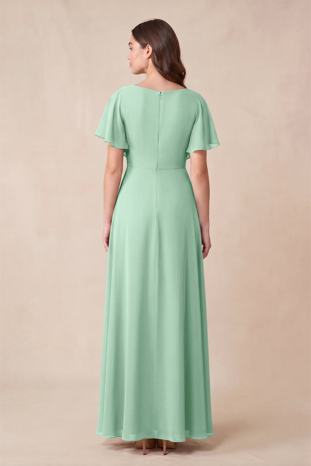 Short Sleeves Bateau A-Line Chiffon Bridesmaid Dress in Pale Pistachio