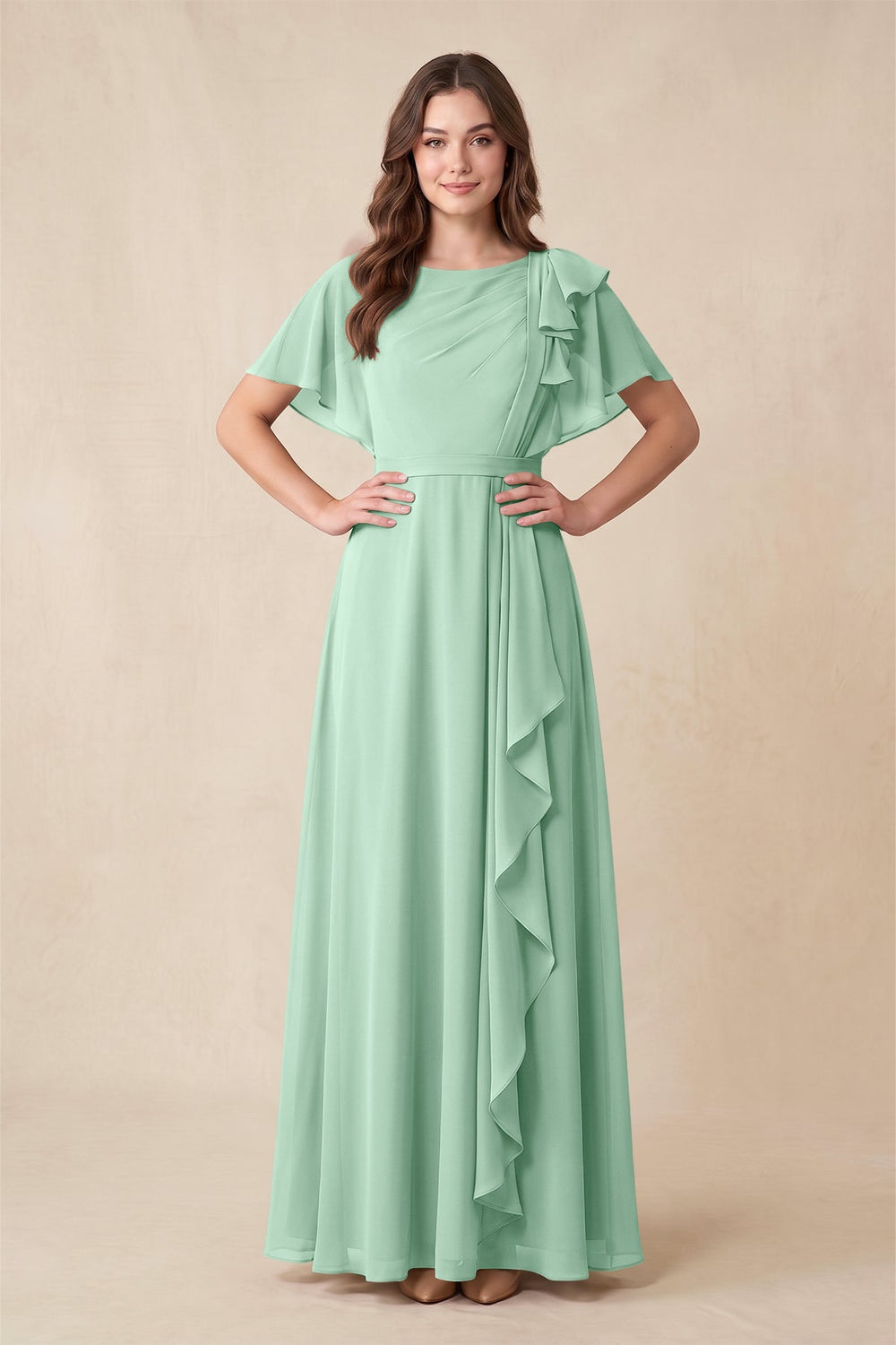 Short Sleeves Bateau A-Line Chiffon Bridesmaid Dress in Pale Pistachio