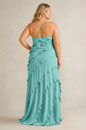 Pale Pistachio Spaghetti Straps Sheath Stain Ruffled Bridesmaid Dress (2) | KISSBRIDAL[sizeplus]