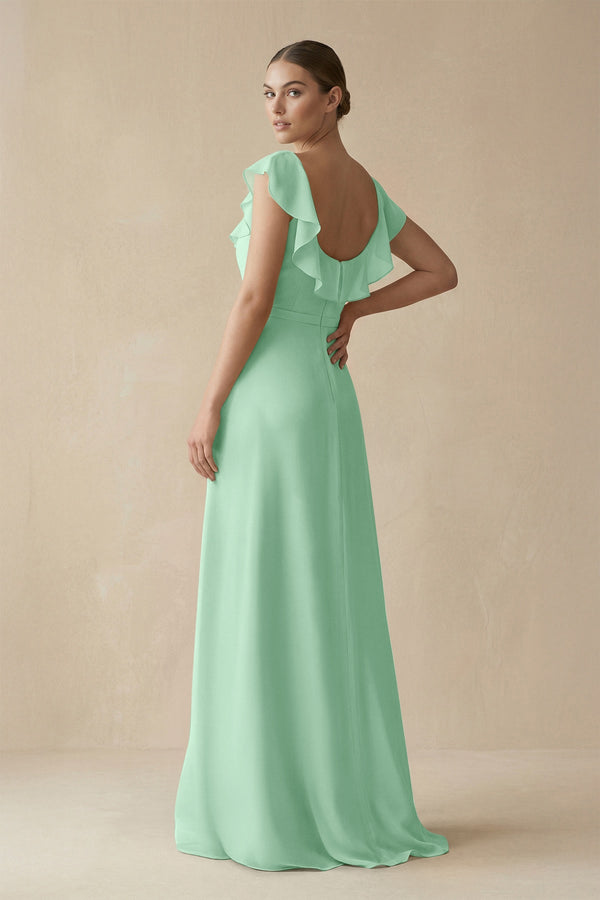 Pale Pistachio Square Neck A-Line Bridesmaid Dress with Ruffles (2) | KISSBRIDAL