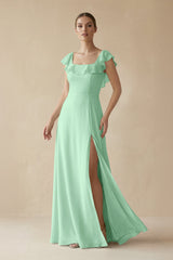 Pale Pistachio Square Neck A-Line Bridesmaid Dress with Ruffles | KISSBRIDAL