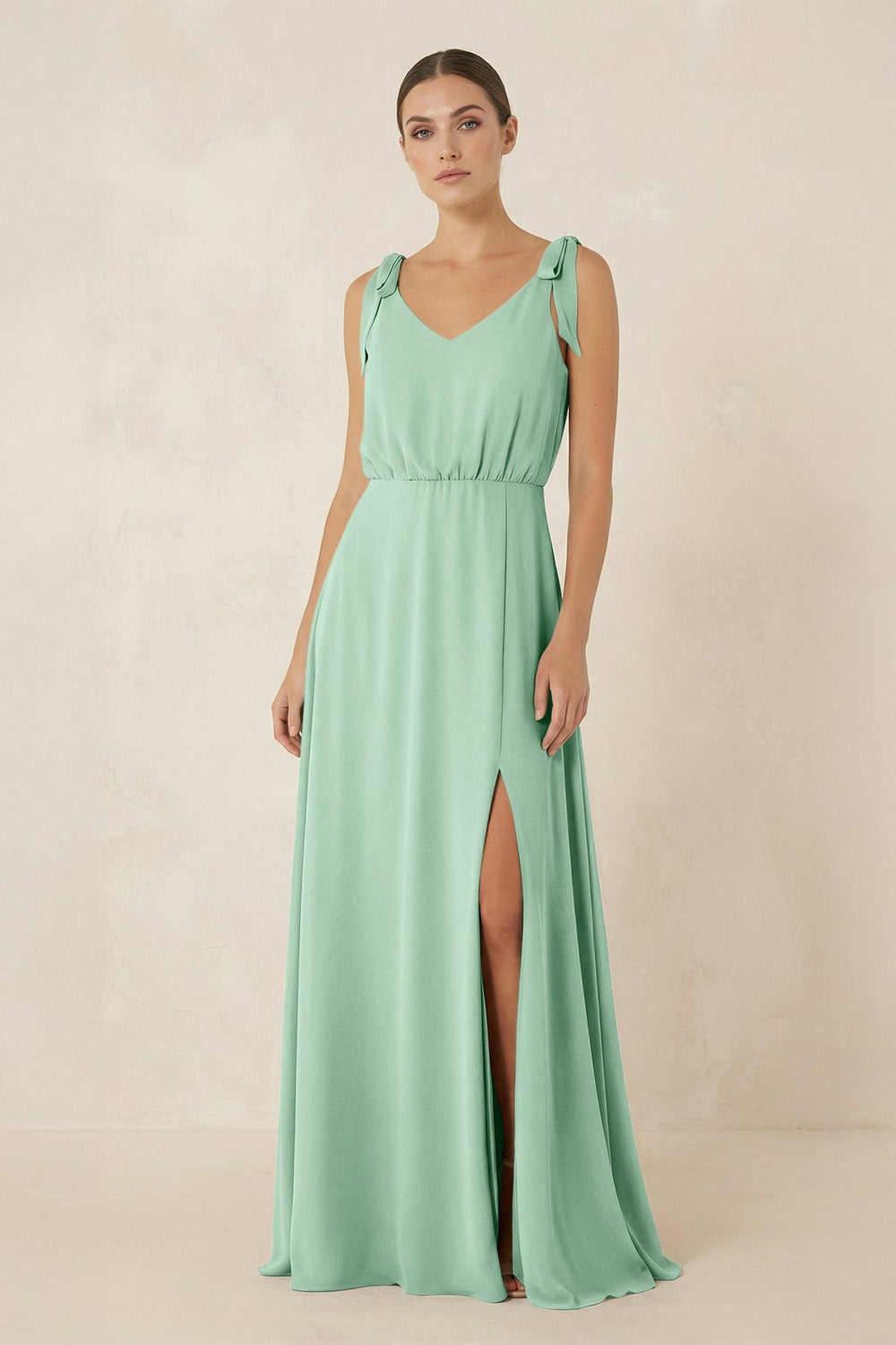 V-Neck A-Line Chiffon Bridesmaid Dress in Pale Pistachio
