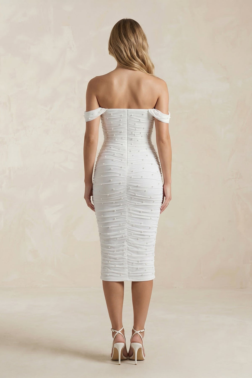 Pearl Off-the-Shoulder Sheath Ruched Midi Wedding Dress in White