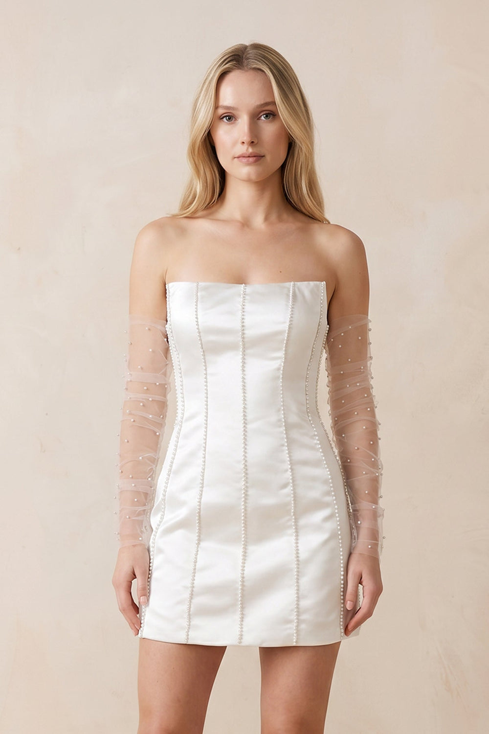 Pearl Satin Sheath Strapless Wedding Dress in White