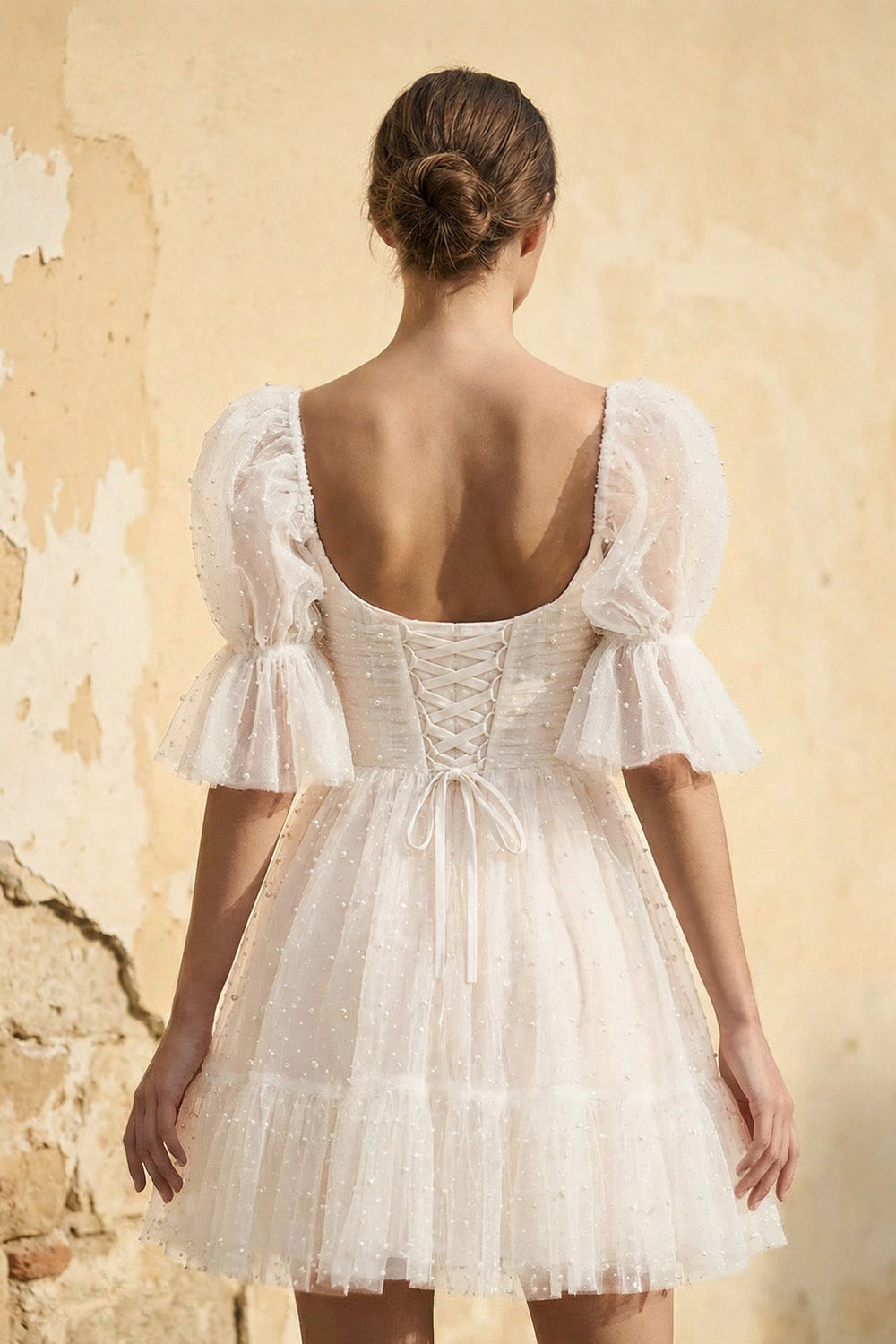 A Line Short Sleeves Tulle Wedding Dress