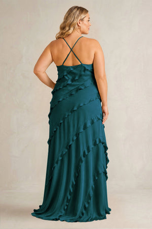 Pine Spaghetti Straps Sheath Stain Ruffled Bridesmaid Dress (2) | KISSBRIDAL[sizeplus]