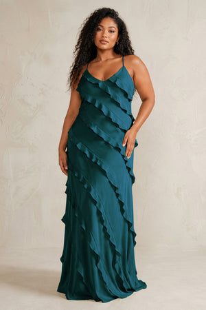 Pine Spaghetti Straps Sheath Stain Ruffled Bridesmaid Dress (3) | KISSBRIDAL[sizeplus]