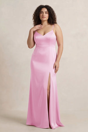Pink Spaghetti Strap Sheath Satin Bridesmaid Dress [sizeplus] | KISSBRIDAL