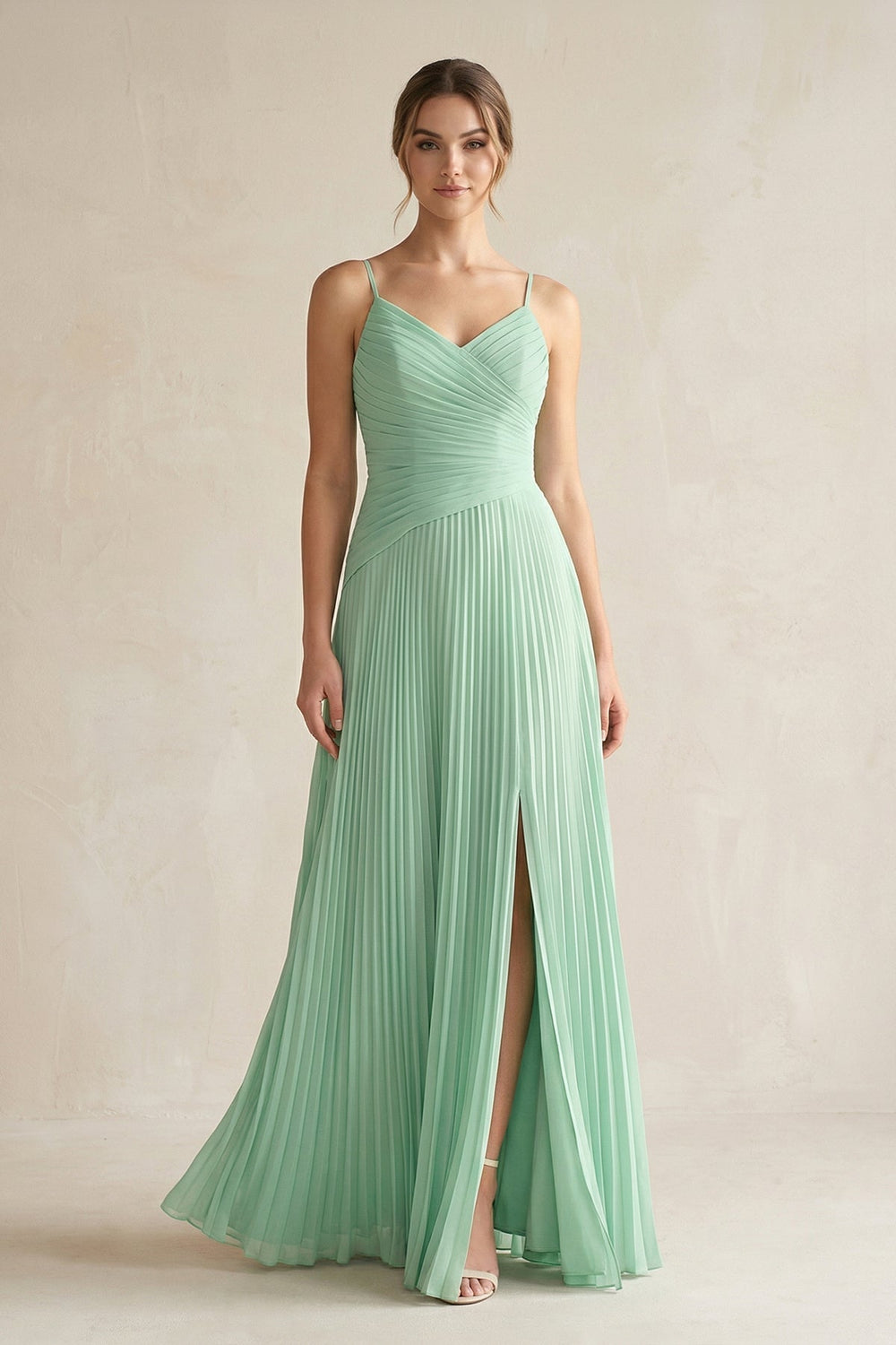 Pleated A-Line Long Chiffon Bridesmaid Dress in Pale Pistachio