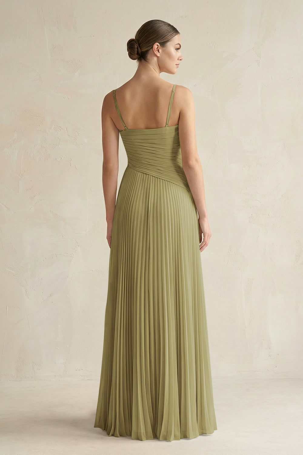 Pleated A-Line Long Chiffon Bridesmaid Dress in Moss Green