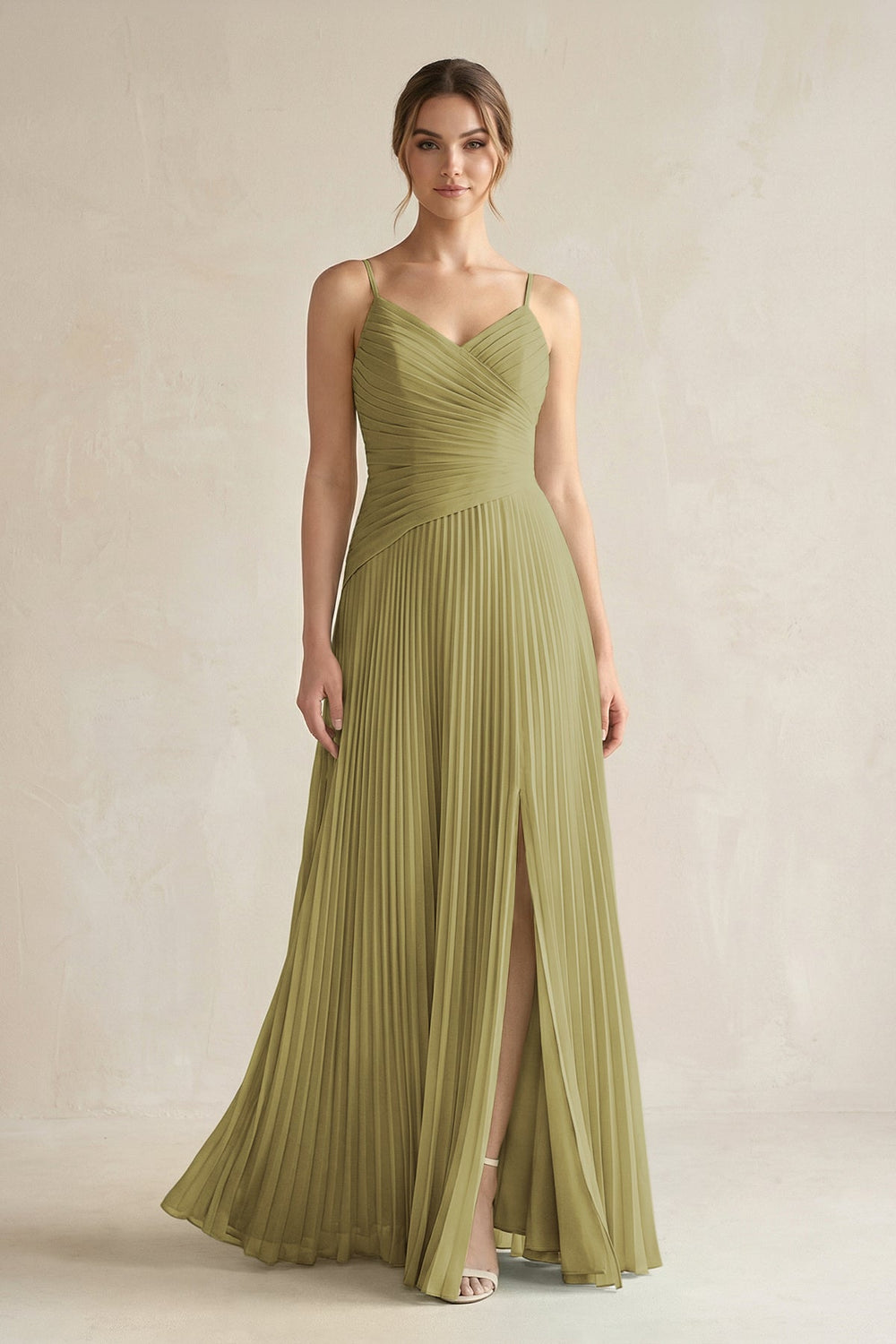 Pleated A-Line Long Chiffon Bridesmaid Dress in Moss Green