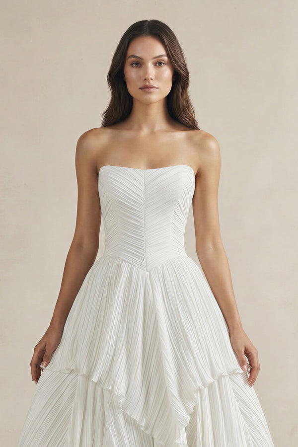 Pleated A - Line Ruffled Strapless Wedding Dress in White - KISS BRIDAL Wedding Dresses