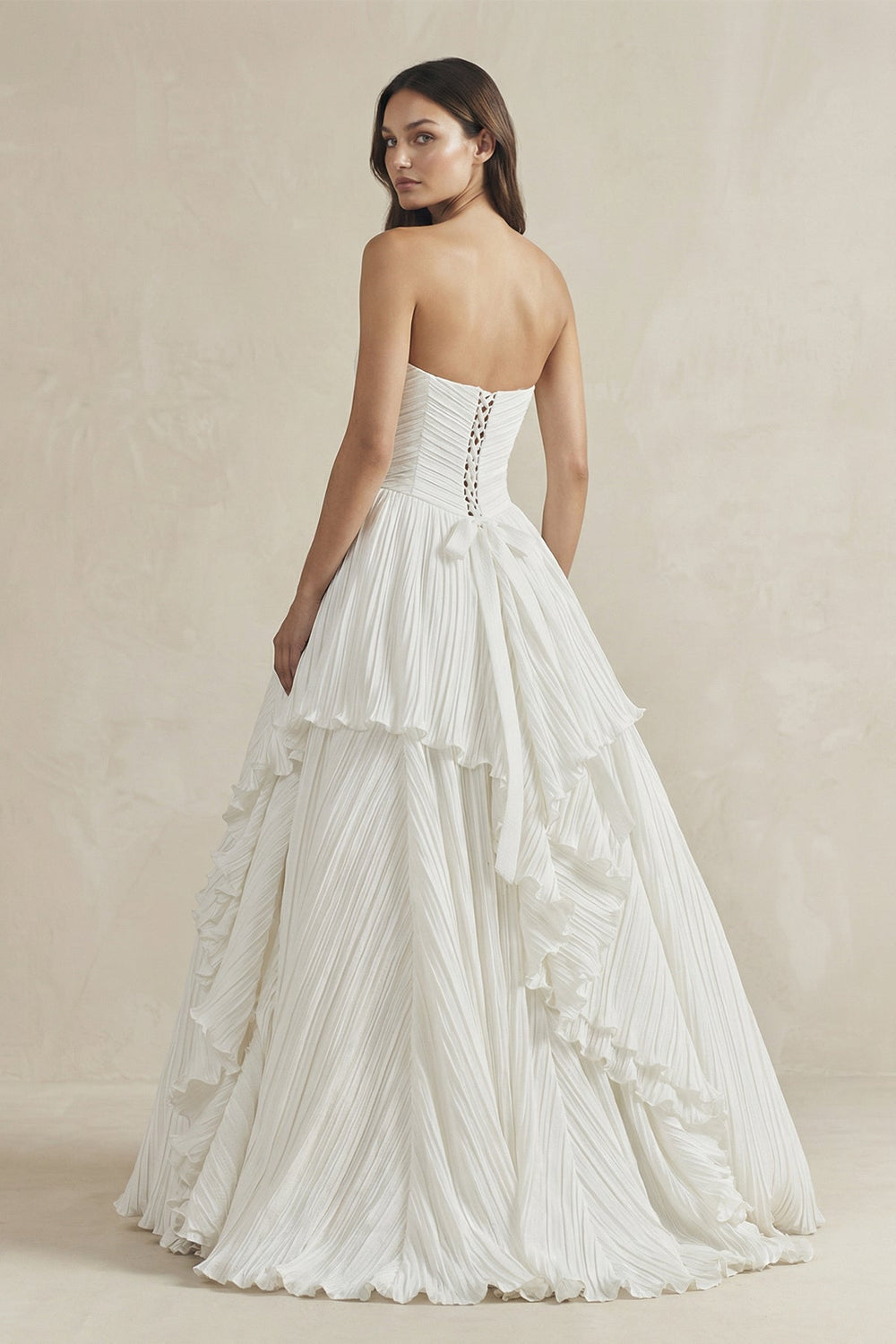 Pleated A-Line Ruffled Strapless Wedding Dress in White