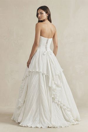 Pleated A - Line Ruffled Strapless Wedding Dress in White - KISS BRIDAL Wedding Dresses