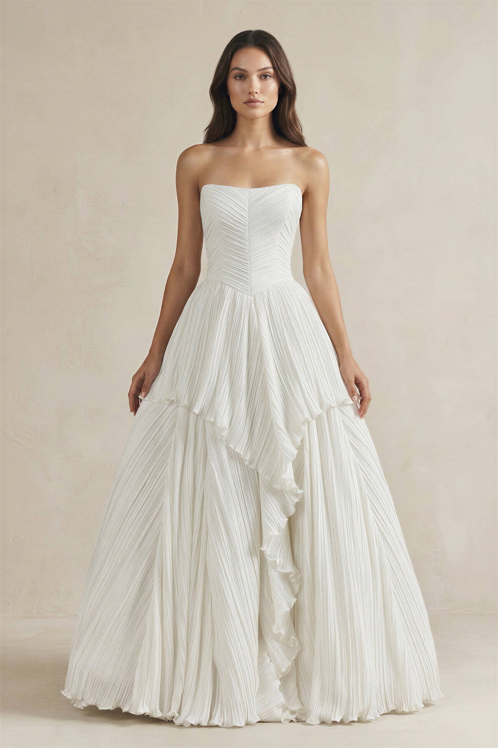 Pleated A-Line Ruffled Strapless Wedding Dress in White
