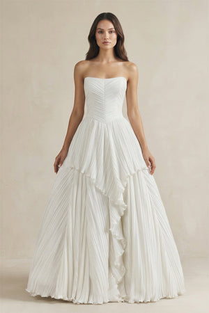 Pleated A - Line Ruffled Strapless Wedding Dress in White - KISS BRIDAL Wedding Dresses