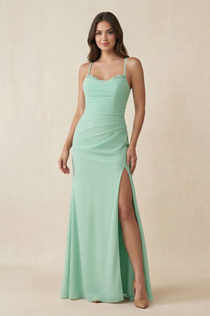 Cami Strap Sheath Chiffon Bridesmaid Dress with Slit in Pale Pistachio - KISS BRIDAL BRIDESMAID DRESSES