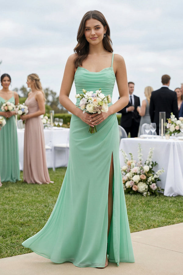 Cami Strap Sheath Chiffon Bridesmaid Dress with Slit in Pale Pistachio - KISS BRIDAL BRIDESMAID DRESSES