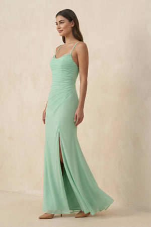 Cami Strap Sheath Chiffon Bridesmaid Dress with Slit in Pale Pistachio - KISS BRIDAL BRIDESMAID DRESSES