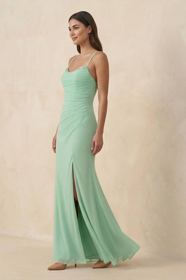Cami Strap Sheath Chiffon Bridesmaid Dress with Slit in Pale Pistachio - KISS BRIDAL BRIDESMAID DRESSES