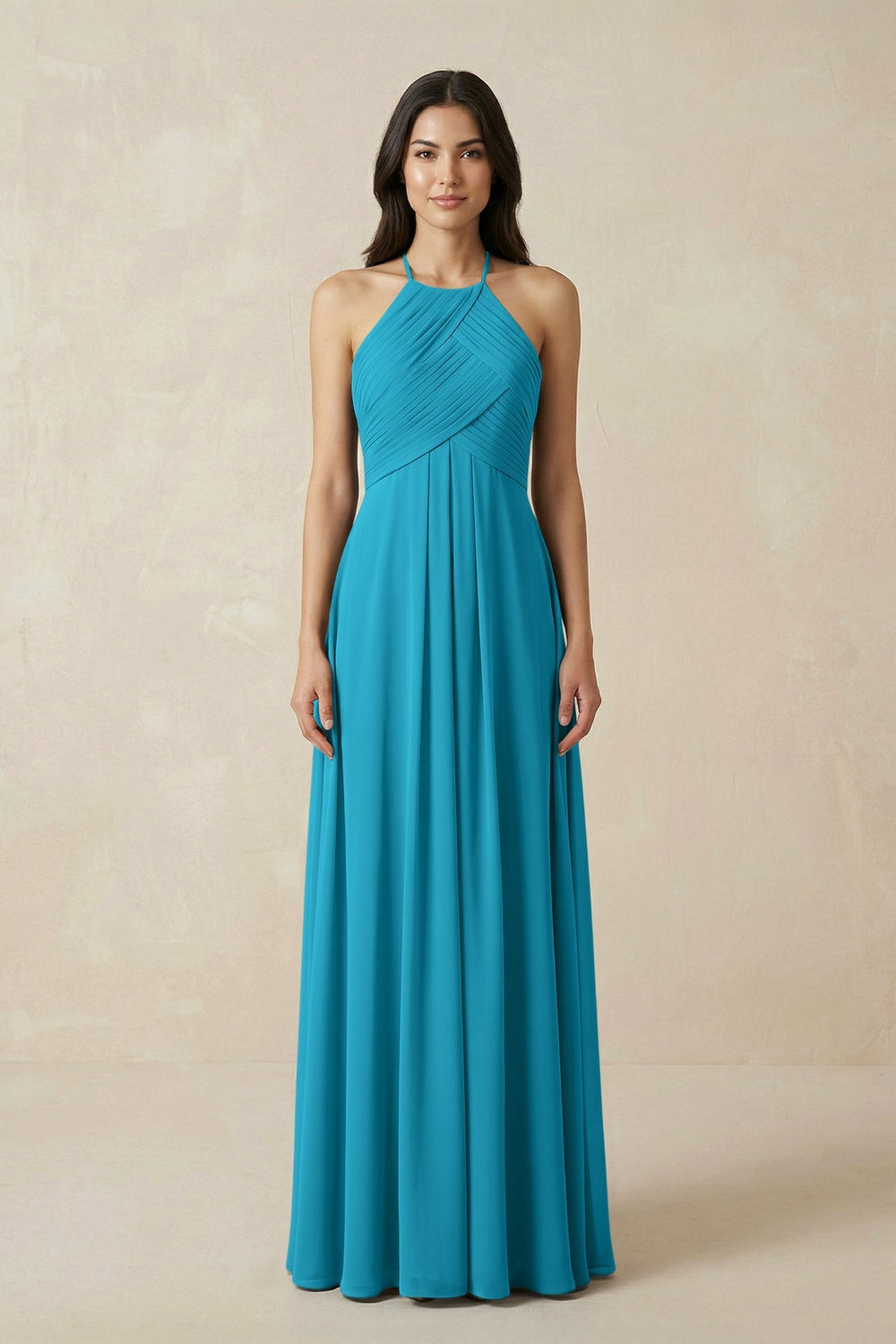 A-Line Halter Neck Pleated Chiffon Bridesmaid Dress in Blue Jay