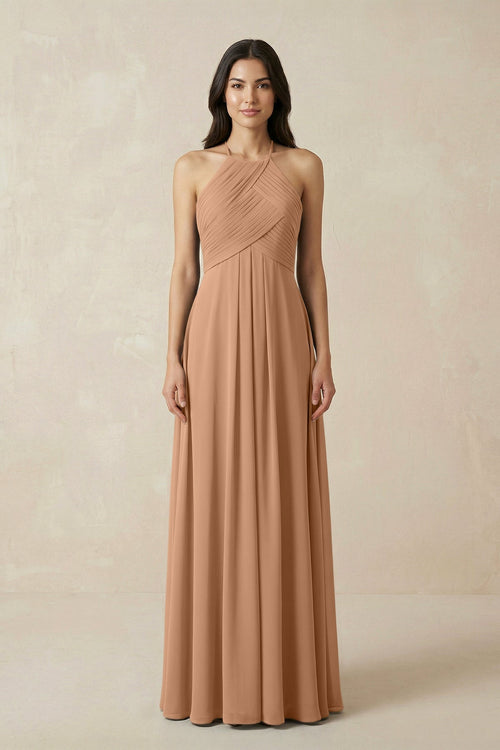 A-Line Halter Neck Pleated Chiffon Bridesmaid Dress in Bronzer - KISS BRIDAL BRIDESMAID DRESSES