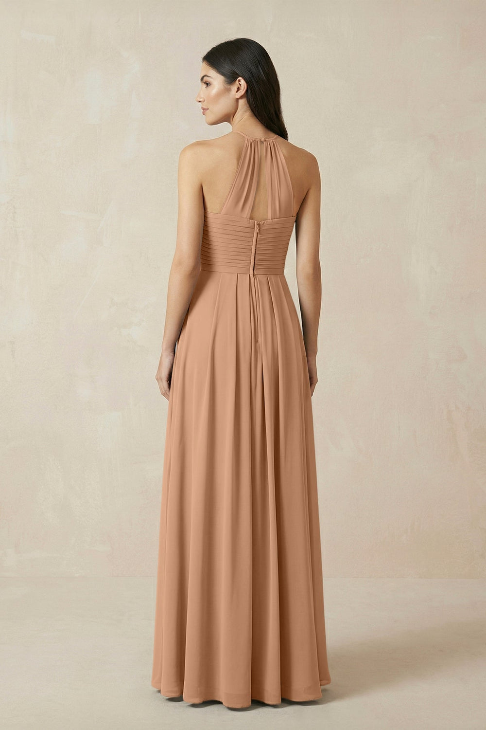 A-Line Halter Neck Pleated Chiffon Bridesmaid Dress in Bronzer