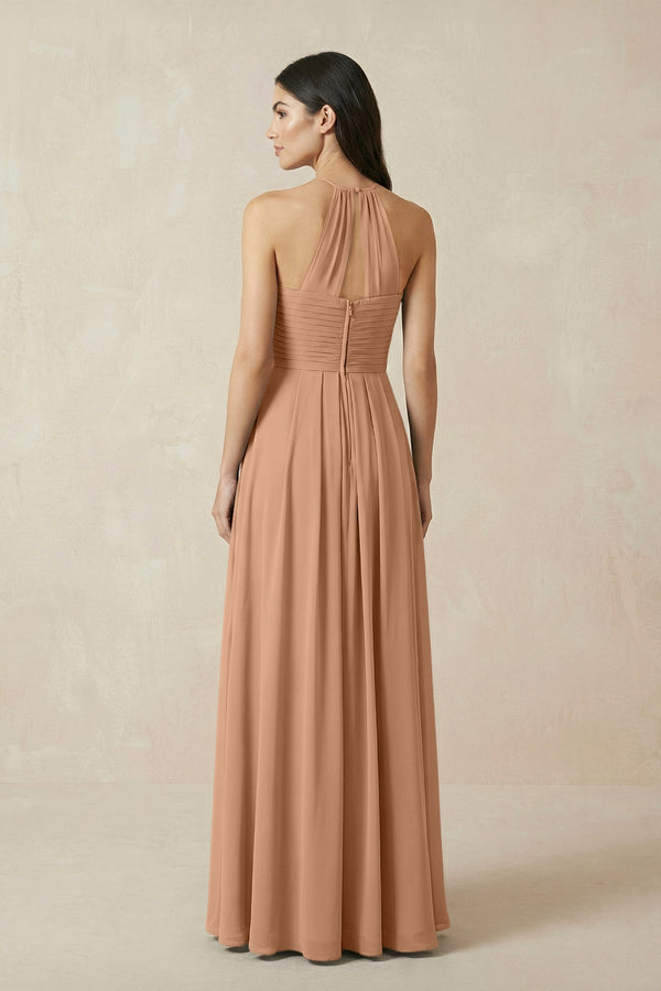 A-Line Halter Neck Pleated Chiffon Bridesmaid Dress in Bronzer - KISS BRIDAL BRIDESMAID DRESSES