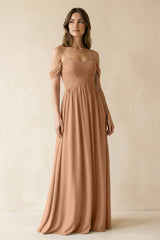 A-Line Off-the-Shoulder Pleated Chiffon Bridesmaid Dress in Bronzer - KISS BRIDAL BRIDESMAID DRESSES