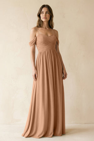 A-Line Off-the-Shoulder Pleated Chiffon Bridesmaid Dress in Bronzer - KISS BRIDAL BRIDESMAID DRESSES
