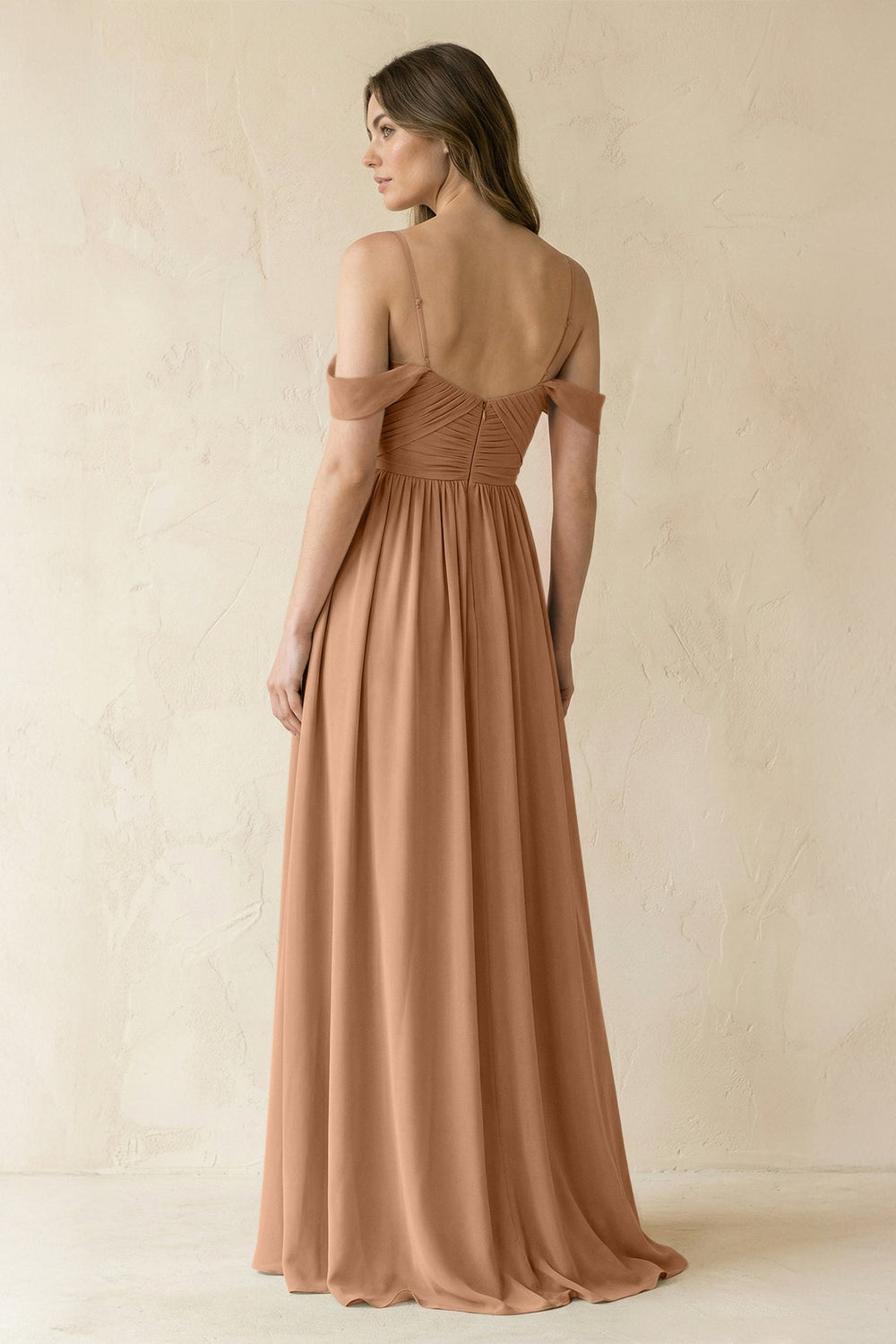 A-Line Off-the-Shoulder Pleated Chiffon Bridesmaid Dress in Bronzer
