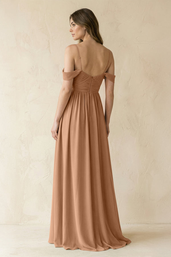 A-Line Off-the-Shoulder Pleated Chiffon Bridesmaid Dress in Bronzer - KISS BRIDAL BRIDESMAID DRESSES