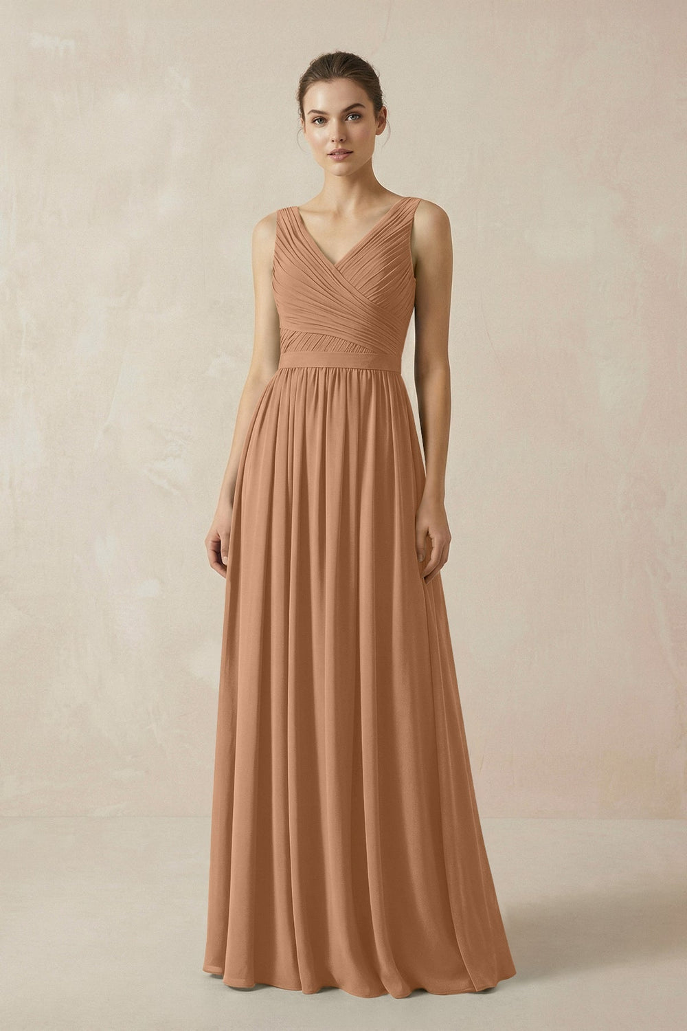 A-Line V-Neck Pleated Chiffon Bridesmaid Dress in Bronzer