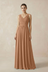 A-Line V-Neck Pleated Chiffon Bridesmaid Dress in Bronzer - KISS BRIDAL BRIDESMAID DRESSES