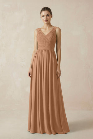 A-Line V-Neck Pleated Chiffon Bridesmaid Dress in Bronzer - KISS BRIDAL BRIDESMAID DRESSES