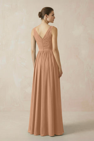 A-Line V-Neck Pleated Chiffon Bridesmaid Dress in Bronzer - KISS BRIDAL BRIDESMAID DRESSES
