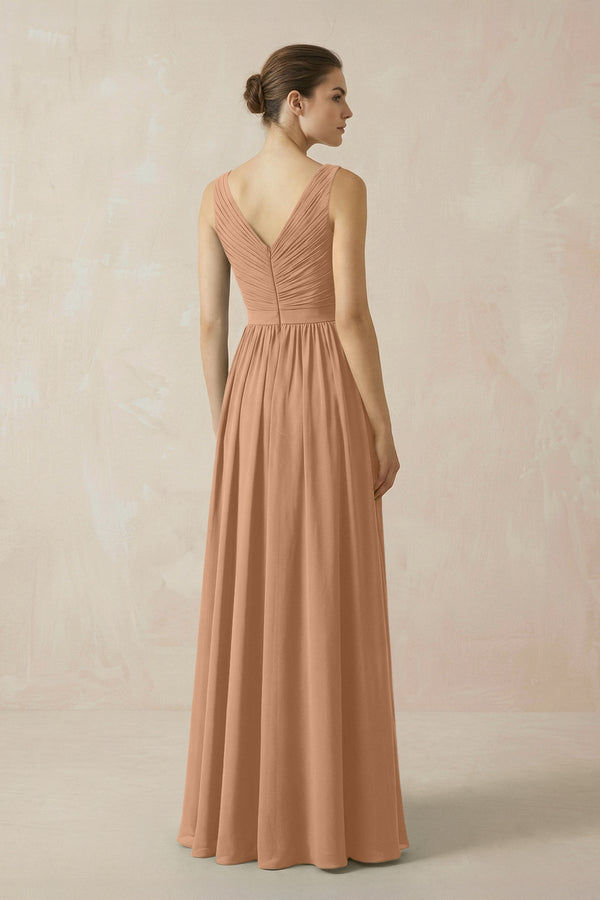 A-Line V-Neck Pleated Chiffon Bridesmaid Dress in Bronzer - KISS BRIDAL BRIDESMAID DRESSES