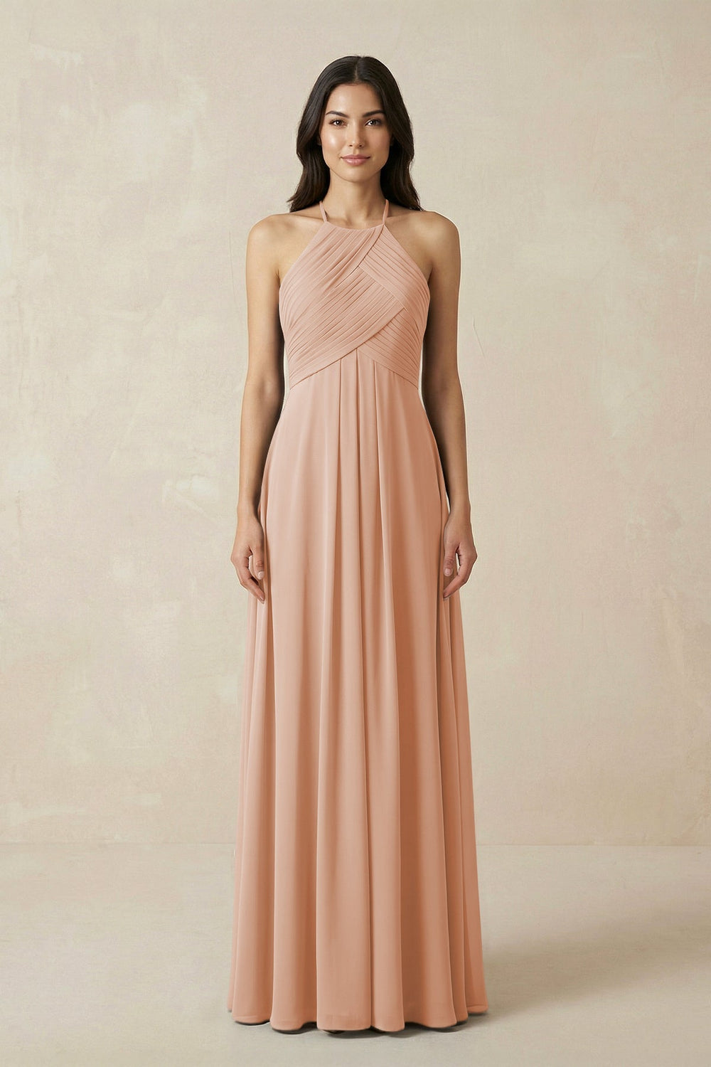 A-Line Halter Neck Pleated Chiffon Bridesmaid Dress in Champagne Rose