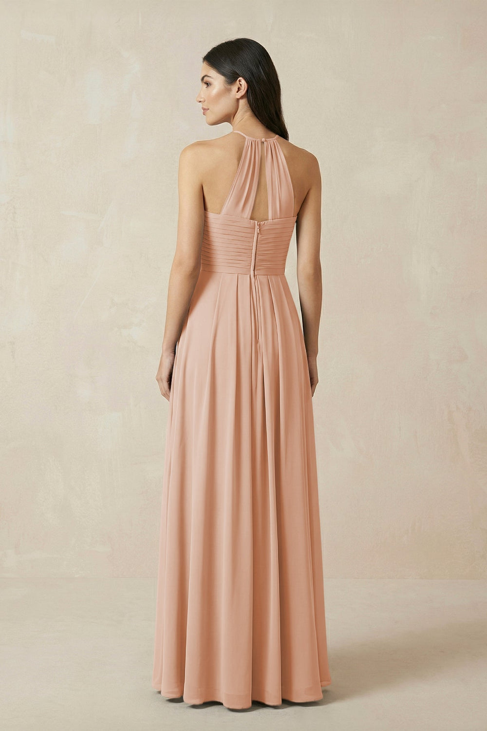 A-Line Halter Neck Pleated Chiffon Bridesmaid Dress in Champagne Rose