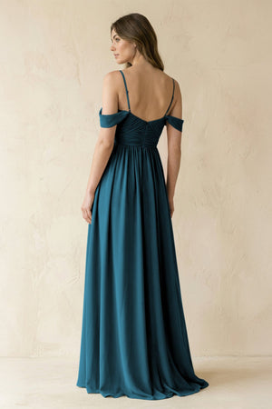 A-Line Off-the-Shoulder Pleated Chiffon Bridesmaid Dress in Dark Teal - KISS BRIDAL BRIDESMAID DRESSES