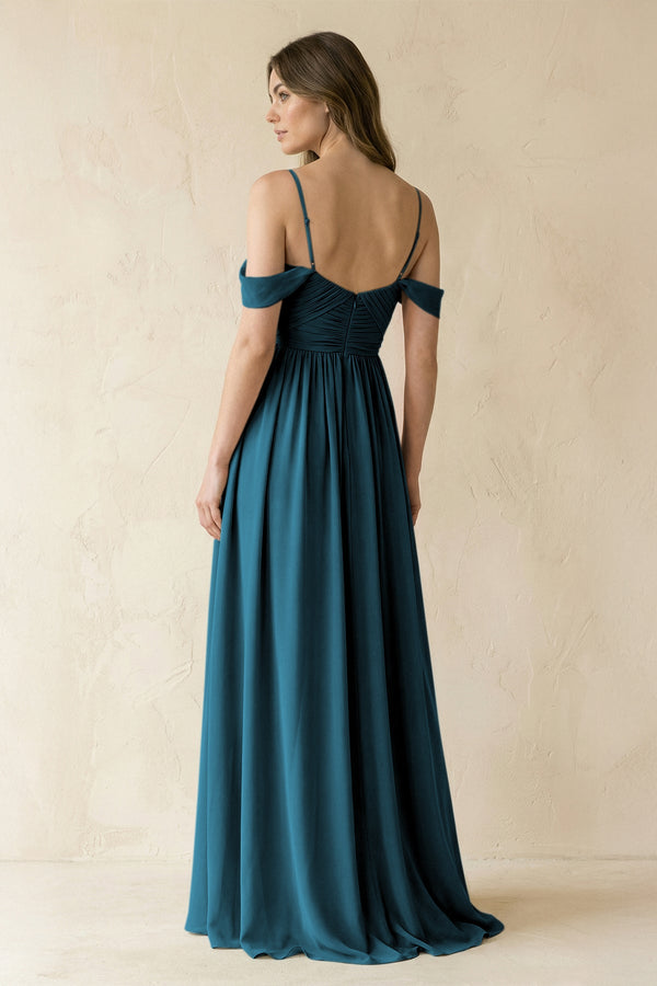 A-Line Off-the-Shoulder Pleated Chiffon Bridesmaid Dress in Dark Teal - KISS BRIDAL BRIDESMAID DRESSES