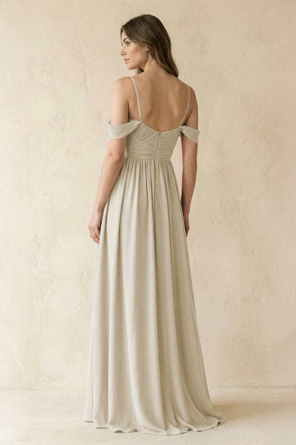 A-Line Off-the-Shoulder Pleated Chiffon Bridesmaid Dress in Dove Gray - KISS BRIDAL BRIDESMAID DRESSES
