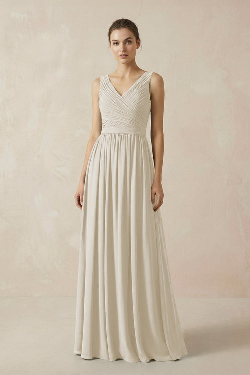 A-Line V-Neck Pleated Chiffon Bridesmaid Dress in Dove Gray - KISS BRIDAL BRIDESMAID DRESSES