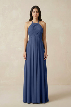 A-Line Halter Neck Pleated Chiffon Bridesmaid Dress in Navy - KISS BRIDAL BRIDESMAID DRESSES