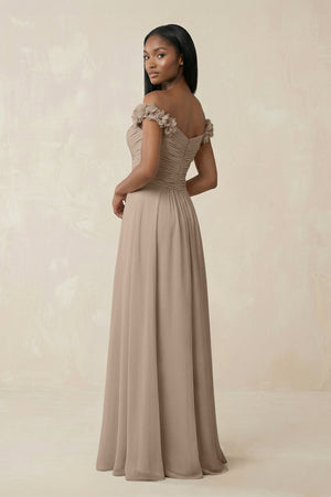 Pleated Off-the-Shoulder A-Line Chiffon Bridesmaid Dress in Almond (2) | KISSBRIDAL