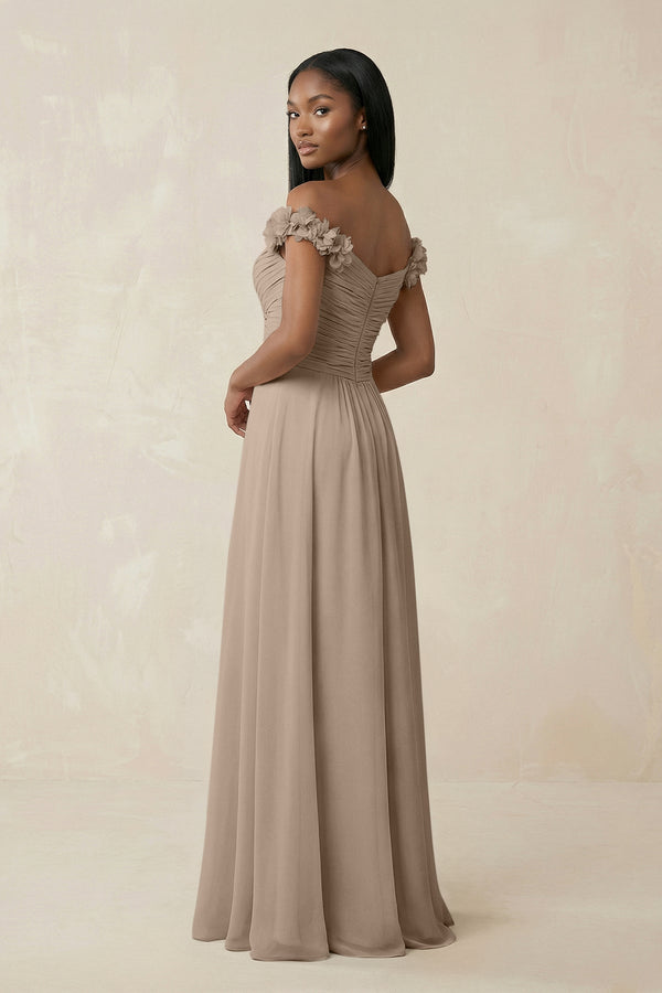 Pleated Off-the-Shoulder A-Line Chiffon Bridesmaid Dress in Almond (2) | KISSBRIDAL