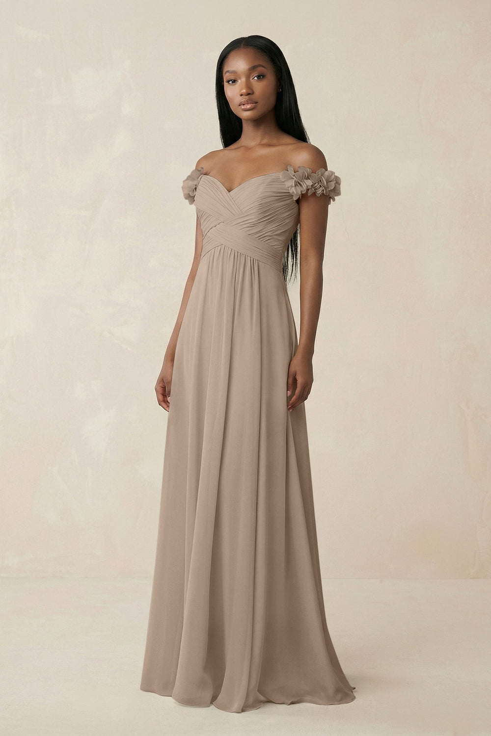 Pleated Off-the-Shoulder A-Line Chiffon Bridesmaid Dress in Almond