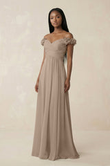 Pleated Off-the-Shoulder A-Line Chiffon Bridesmaid Dress in Almond | KISSBRIDAL